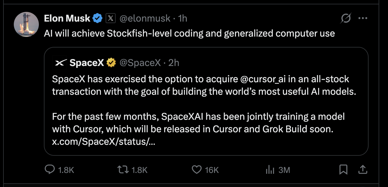 SpaceX 600 亿美元收购 Cursor！马斯克不补课，直接买课代表