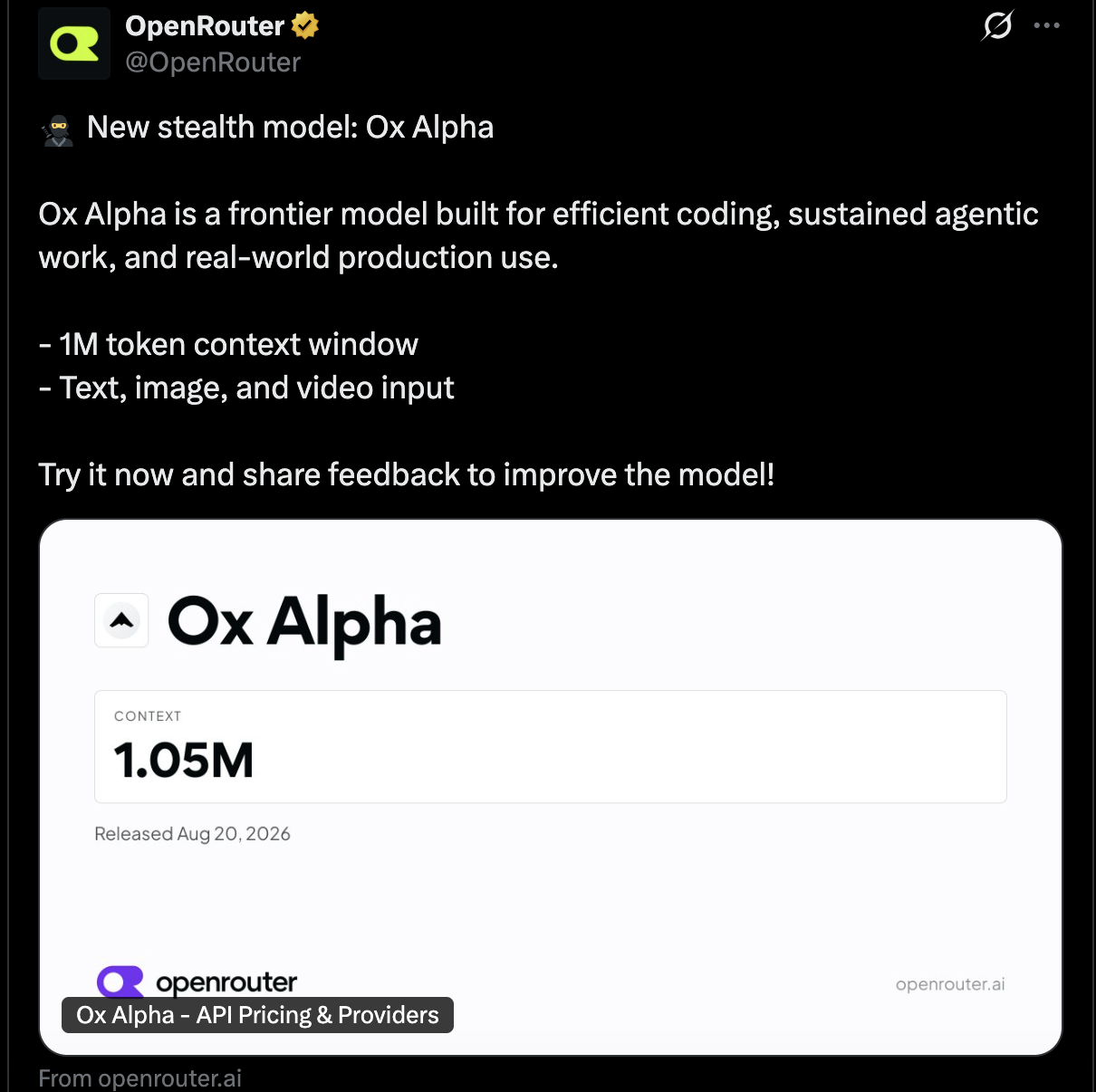 神秘“Ox Alpha”突袭 OpenRouter,性能超过 Fable 5?全网盲猜智谱 or 小米